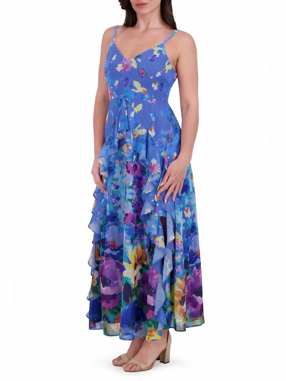 Siena Blue Floral Burnout Chiffon Ruffle Maxi Dress 1X NWT
